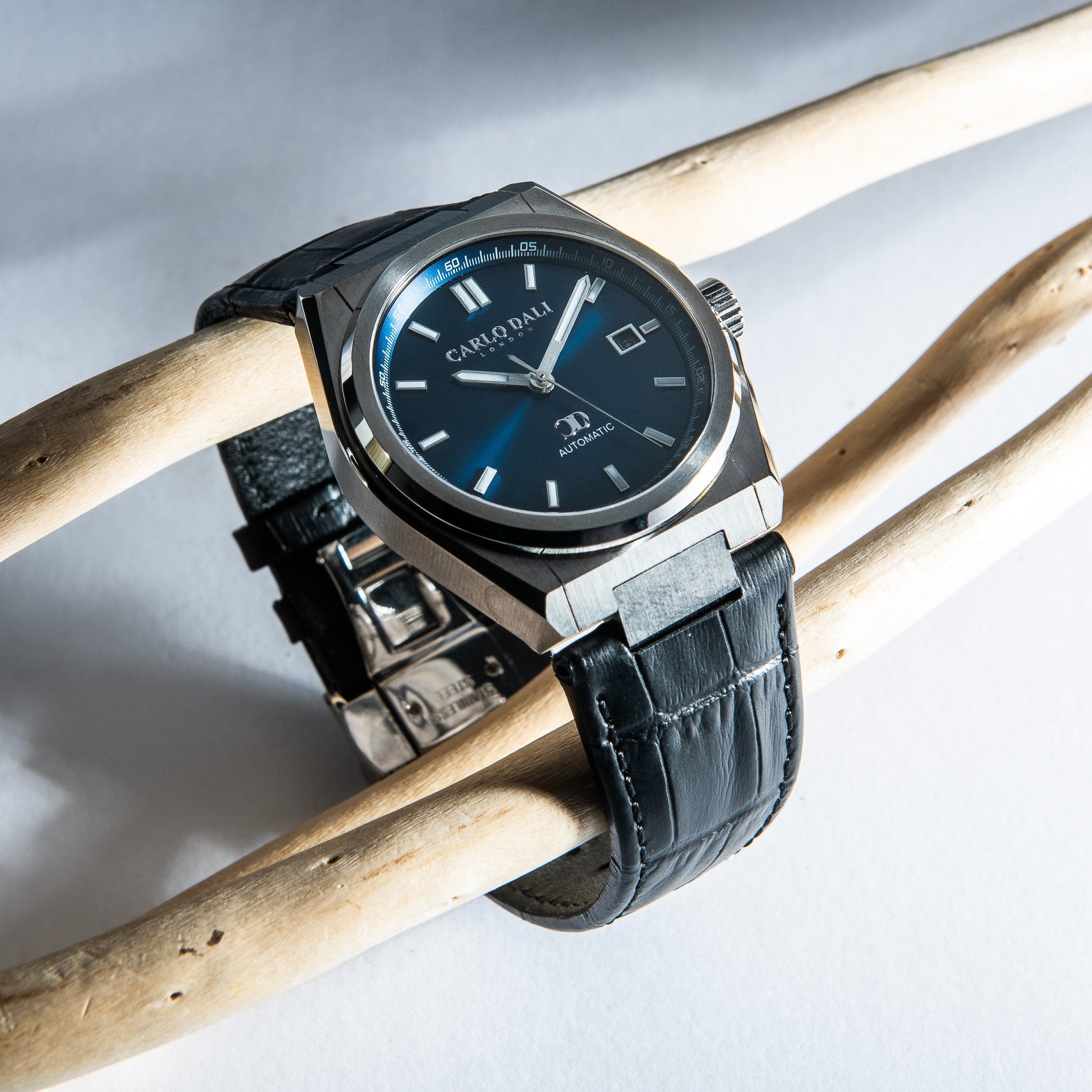 "1888 automatic" BLACK, SILVER & BLUE LEATHER WATCH 2