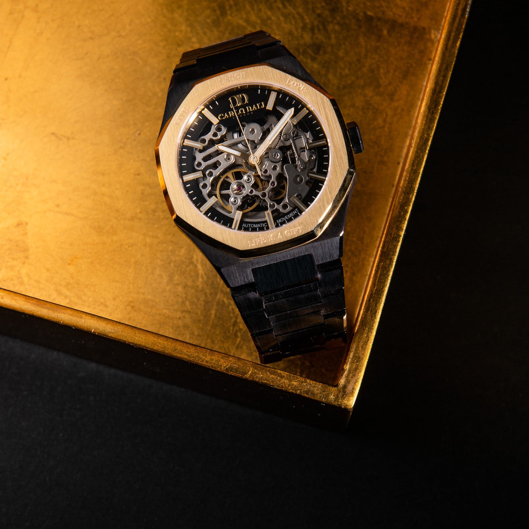 "OCTAGON" LIVE LAUGH LOVE BLACK & GOLD LIMITED WATCH 2