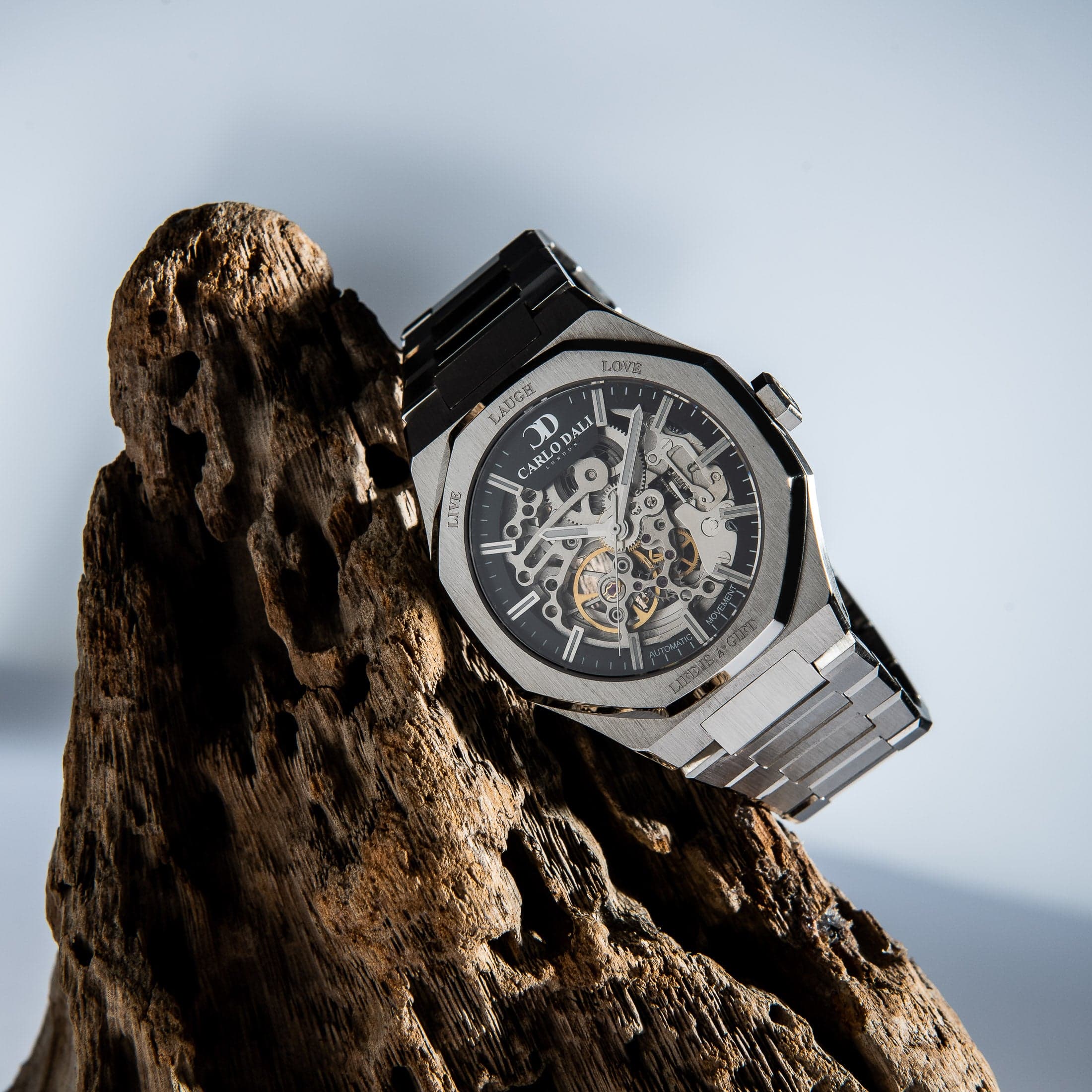 "OCTAGON" LIVE LAUGH LOVE SILVER & BLACK LIMITED WATCH. 2