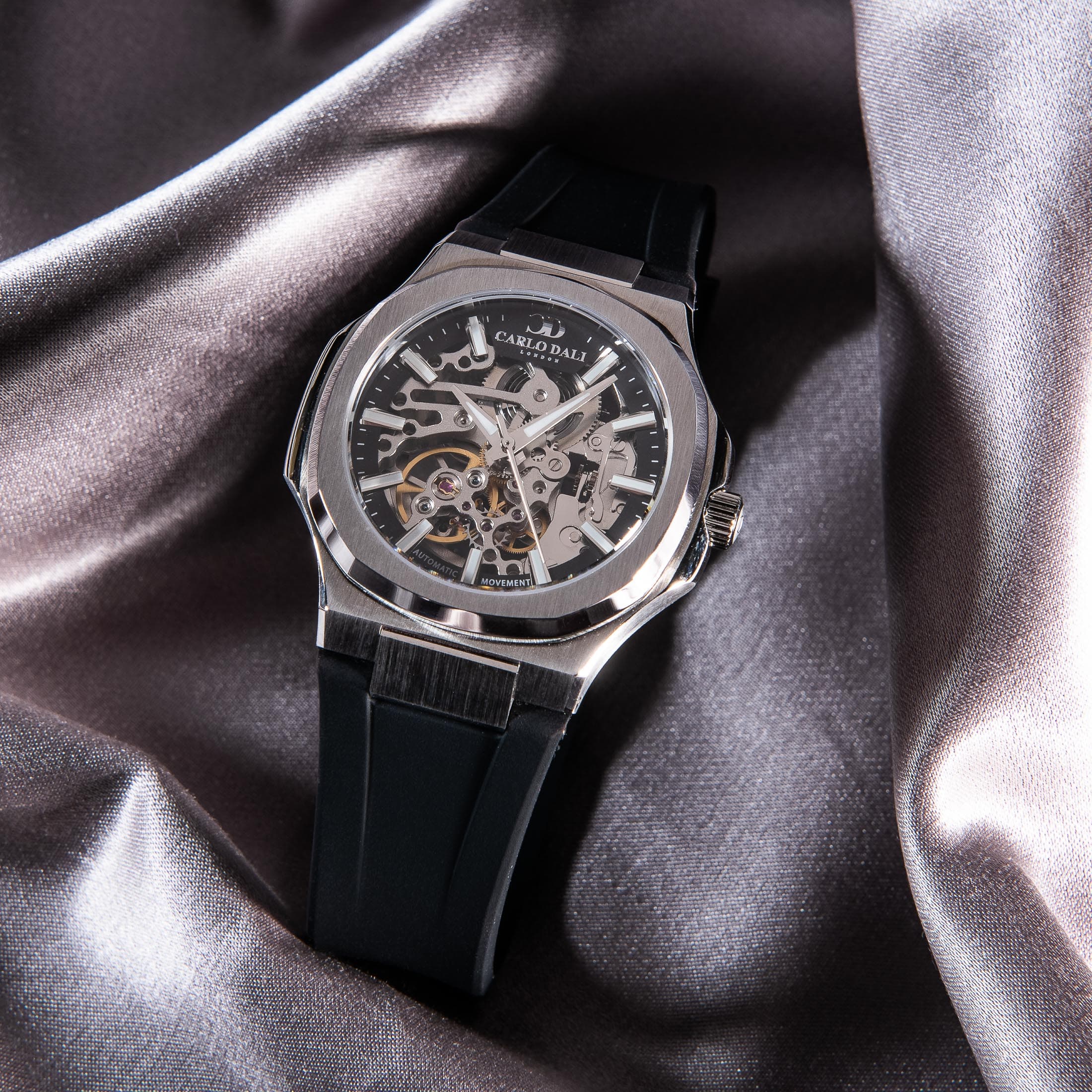 "TIMELESS" SKELETON BLACK & SILVER RUBBER WATCH 2